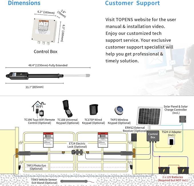 TOPENS AD8S Automatic Solar Gate Opener for Heavy Duty Dual Swing Gates Up to 18ft per Arm, Dual Swing Gate Operator Battery Powered with Remote Control Kit Gate Motor Solar Panel Included