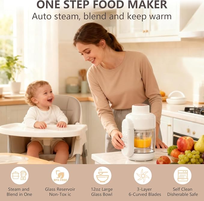 Baby Food Maker Glass 12oz Steamer and Blender Glass Reservoir & Bowl 9 in 1 Baby Food Processor with 6 Stainless Steel Blades Dishwasher Safe with Timer, Recipe