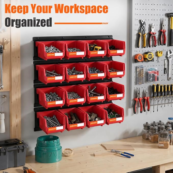 16pc Wall-Mounted Storage Organizer Set with Metal Rails Red | Heavy duty tool organization box with metal rails. Ext 5"x4"x3" for garage screws nuts bolts.