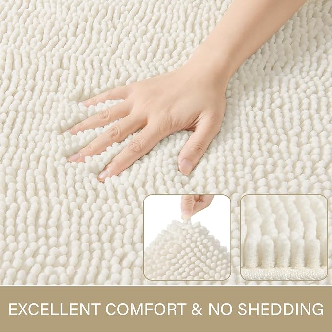 LOCHAS Luxury Bathroom Rug Shaggy Bath Mat 20 x 30 Inch, Cream White | Washable Non Slip Bath Rugs for Bathroom Shower, Soft Plush Chenille Absorbent Carpets