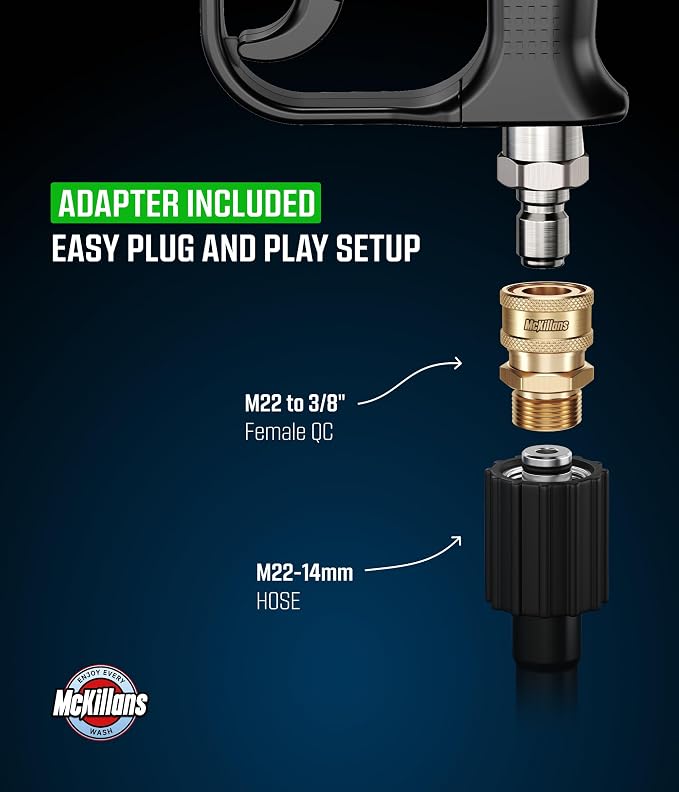McKillans® 2026 Short Pressure Washer Gun with Upgraded Swivel - M22-14mm to 3/8 Quick Connect Included - High Pressure Water Handle - Power Washer Gun Compatible with Foam Cannon, Car Wash Gun