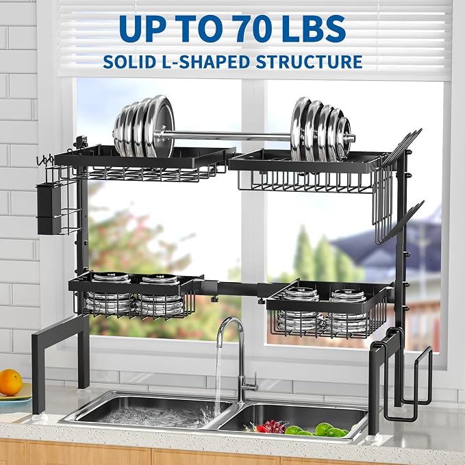 Over The Sink Dish Drying Rack,Expandable 2-Tier Stainless Steel Over The Sink Dish Rack with Utensil Holder Dish Drainers for Kitchen Counter | Stainless Steel, Cutlery Holder & Chopping Board Rack, for Kitchen Counter, Black