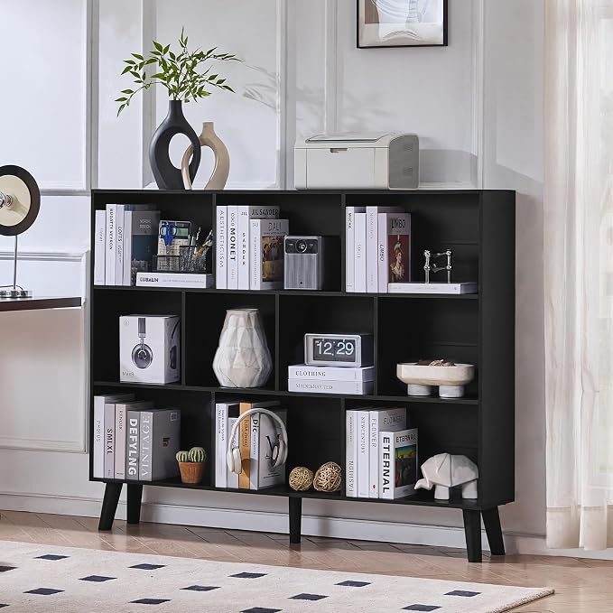 LEYAOYAO 10 Cube Bookshelf, Mid-Century Modern Book Shelf with Legs, Black | 3 Tier Bookcase, 55" Wide Rustic Wood Bookshelves Large Storage Organizer, Open Shelves for Bedroom, Living Room, Office