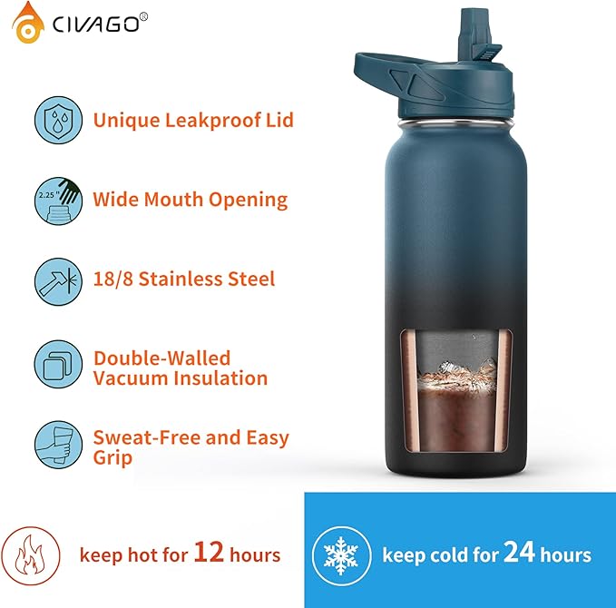 CIVAGO 24 oz Insulated Water Bottle With Straw, Stainless Steel Sports Water Flask Cup with 3 Lids (Straw, Spout and Handle Lid), Double Walled Travel Thermal Canteen Mug, Dark Night