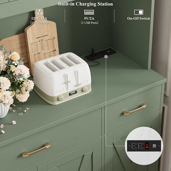 HOSTACK 71" Tall Kitchen Pantry Storage Cabinet, 55" W Kitchen Hutch, Green | Large Pantry Cabinet with Charging Station / Countertop / 3 Drawers, Farmhouse Hutch Cabinet with Storage for Dining Room