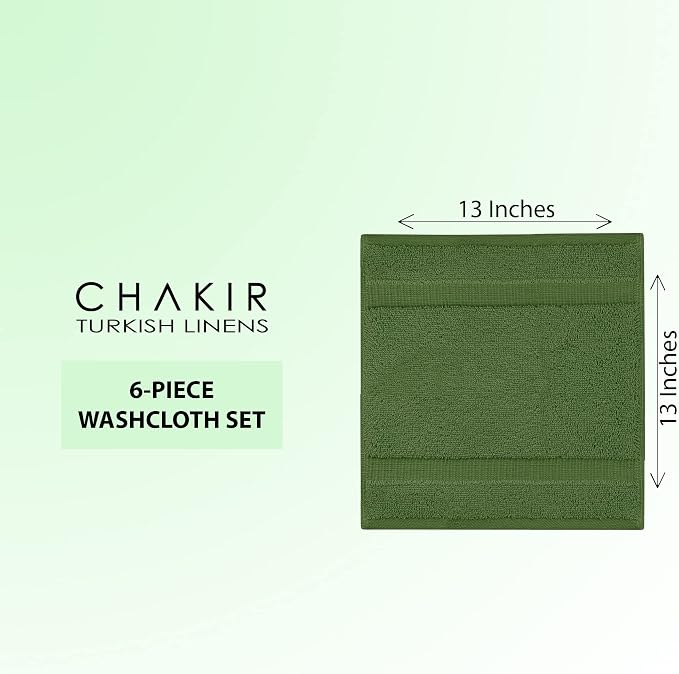 Chakir Turkish Linens 6 Piece Washcloth Set, 100% Cotton Turkish Washcloths for Bathroom, Luxury Soft Absorbent Face Towels, 13 x 13 Inches, Moss