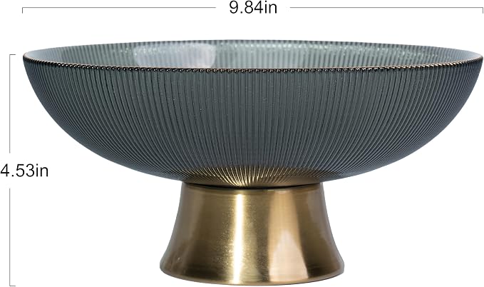 Round Glass Decorative Bowl(Gray), 9.8 Inches Handblown Striped Glass Bowl with Gold Trim and Rust Resistant Metal Base,Decor Fruit Bowl for Home Decor,Table Centerpiece,Kitchen Island, Dining Decor