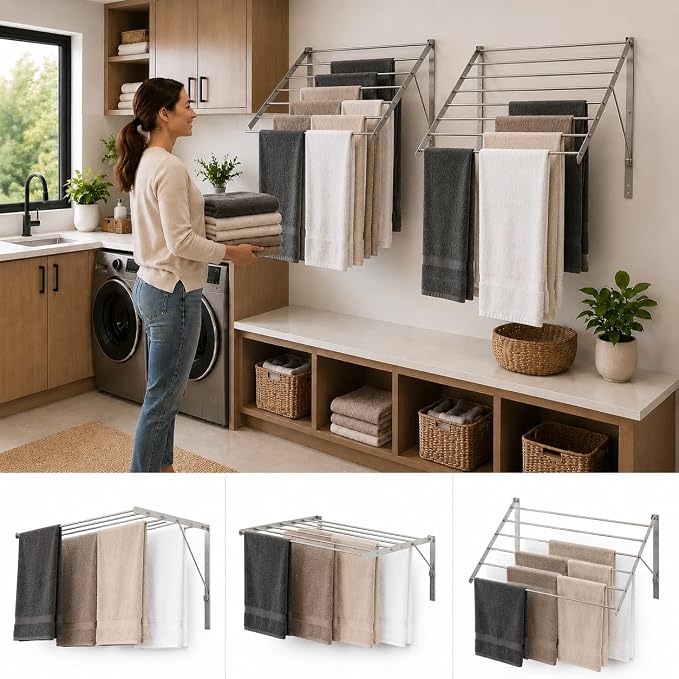 Smartsome | Wall Mounted | Clothes Drying Rack| 22" Wide |15 Linear Feet Capacity | 8 Smooth Round Stainless Steel Rods | 60 lb Capacity | Fully Assembled | Compact Sturdy Space-Saving Design