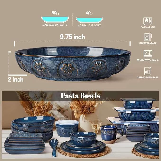 Artena Pasta Bowls, 50oz Large Salad Serving Bowls, 9.75'' Plates Bowls Set of 4, Big Ceramic Soup Bowls for Kitchen, Embossment Shallow Dinner Bowl, Microwave Dishwasher Safe, Pinwheel Flower, Blue