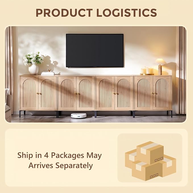 IFGET 123.5" W Modern Arched Sideboard Buffet Cabinet with Storage, Natural | Fluted Arch Sideboard Cabinet w/Adjustable Shelves, Wooden Modular Kitchen Cabinet for Dining& Living Room, Entryway
