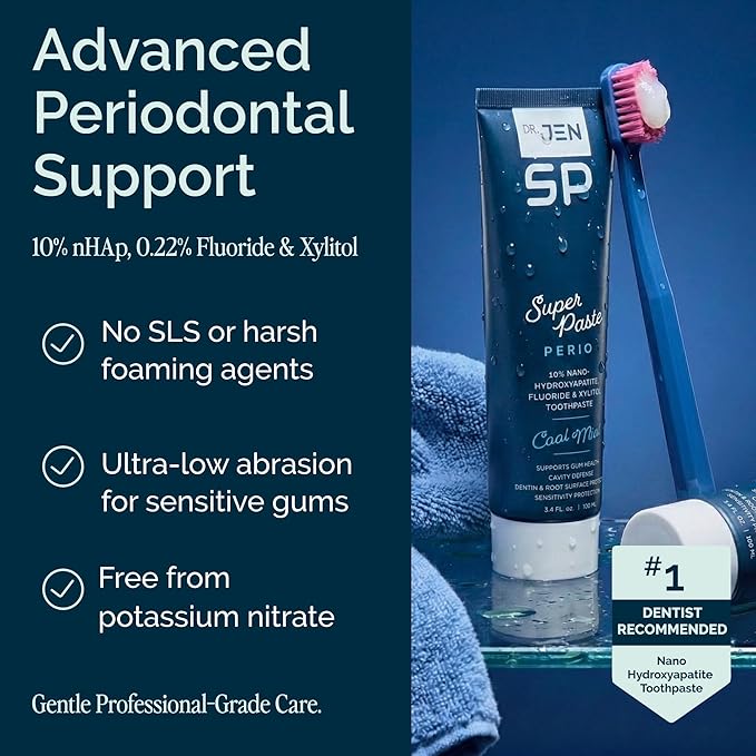 Dr. Jen Super Paste Perio Toothpaste, 10% Premium Nano Hydroxyapatite | Fluoride, Xylitol, SLS Free, Low Abrasivity, Aloe and Calendula, 1 Pack, Cool Mint