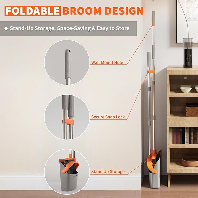Upgraded Broom and Dustpan Set, 52" Long Handle Standing Combo with Self-Cleaning Teeth – Perfect for Pet Hair, Kitchen, Office, Home, Indoor & Outdoor Cleaning(Orange & Gray)