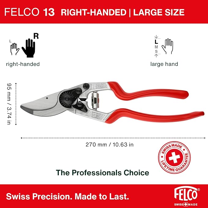 Felco F-13 Pruning Shears – 10.6" Garden Clippers with Dual-Hand Use & 30mm Cut | Hand Pruners for Gardening | Garden Tool Cutter with Bypass & Anvil Blades, Forged Aluminum Handle, Large Hand Fit