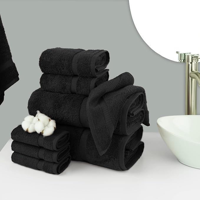 Chakir Turkish Linens Set of 8 Towel Set, 100% Cotton Luxury Turkish Towels for Bathroom, Soft Absorbent Bath Towel Set with 2 Bath Towels 2 Hand Towels 4 Washcloths, Black