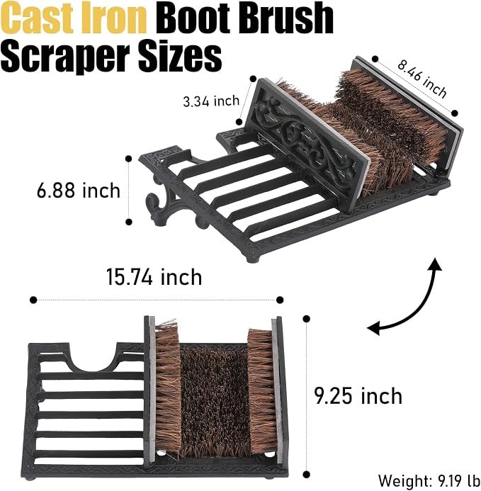 Cast Iron Boot Scrubber with Heel Remover & Brush | Black Heavy Duty Boot Scraper with Brush, Durable Outdoor Boot Cleaning Tool for Muddy Shoes for Porch Garage Entryway