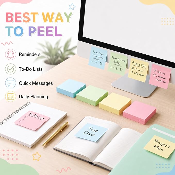 Fainne 240 Pack Sticky Notes Bulk 3 x 3 inch Self Stick Note Pads Multicolor Paper Memo for Office School Supplies Student Teacher Classroom Back to School Essentials, 50 Sheet/Pad (Simple Color)