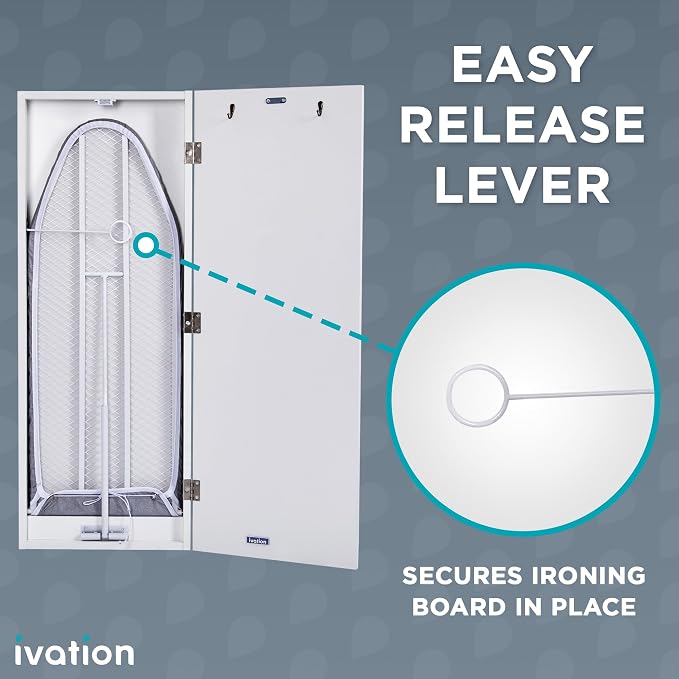 Ivation Wall-Mounted Ironing Board Cabinet, Foldable Ironing Storage Station for Home, Apartment , Easy-Release Lever, Garment Hooks, White
