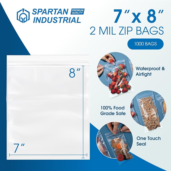 Spartan Industrial - 7” X 8” (1000 Count) 2 Mil Clear Reclosable Zip Plastic Poly Bags with Resealable Lock Seal Zipper