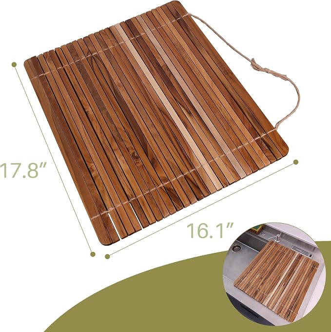 HTB Over Sink Dish Drying Rack 17.8'' x 16.1” Teak Wood | Roll Up Dish Drying Rack for Kitchen Counter,Space Saving,Collapsible Dish Drying Mat for Bowls,Vegetables,Fruits,Bottles