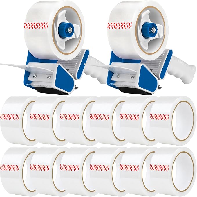 2 Pack Heavy Duty Packing Tape Dispenser Gun with 12 Pack Clear Packaging Tapes, 2 Inch Packaging Tape with Dispenser for Carton Sealing, Moving Boxes, Shipping (Blue)