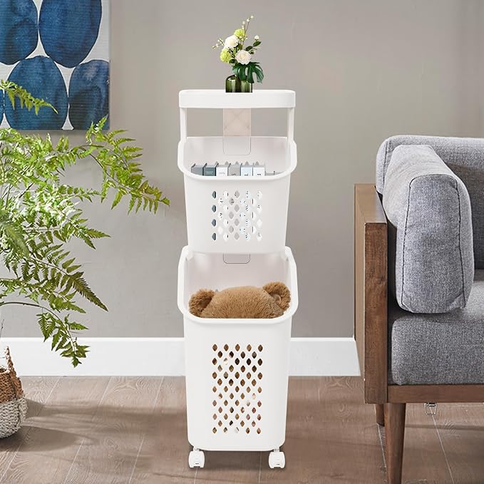 Rolling Slim Laundry Basket on Wheels, Plastic Laundry Sorter Hamper with Removable Basket for Bedroom Toilet Bathroom Kitchen, Space Saving (2-Tier)