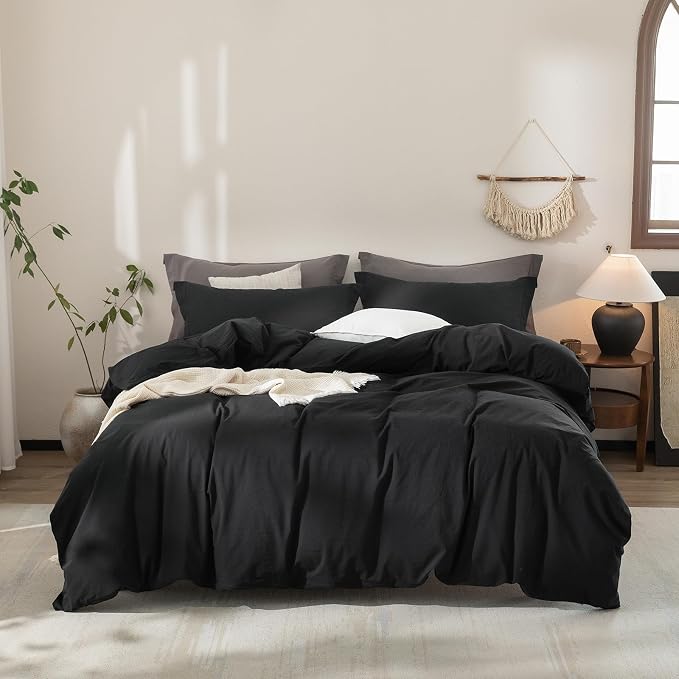 Black Duvet Cover California King Size 100% Washed Cotton Bedding Set Cover 1 Duvet Cover with Zipper Closure and 2 Pillowcases, 104inch x 98inch