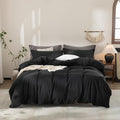 Black Duvet Cover Super Queen Size 100% Washed Cotton Bedding Set Cover 1 Duvet Cover with Zipper Closure and 2 Pillowcases, 98inch x 90inch