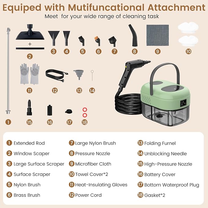 2500W Handheld Steam Cleaner, 3-Level Adjustable Steam Cleaner for Home with 16 Accessories, Multipurpose Portable Steamer Cleaning for Car,Floor,Furniture,Tile,Grout,Couch,Fast Heat-Up (Green)