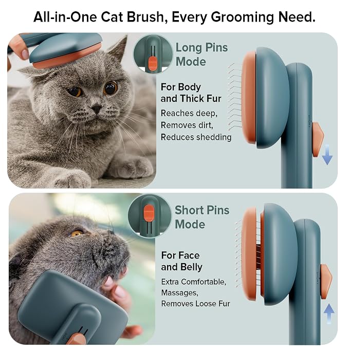 Cat Brush for Shedding, Industry-First Adjustable Cat Brushes for Indoor Cats, Self-Cleaning Slicker brush, 264 Skin-Friendly Needles for Long or Short Haired Dogs, Perfect for Deshedding (Green)