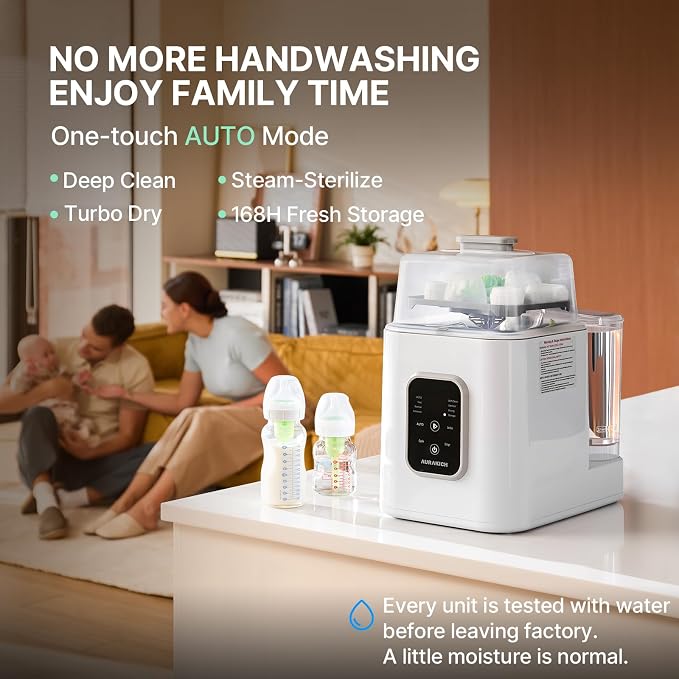 Baby Bottle Washer, Sterilizer & Dryer - All-in-One Pro Cleaning Machine with Fishbone Spray Arm, Self-Cleaning & AUTO Mode, Dual Water Inlet for Bottles, Breast Pump
