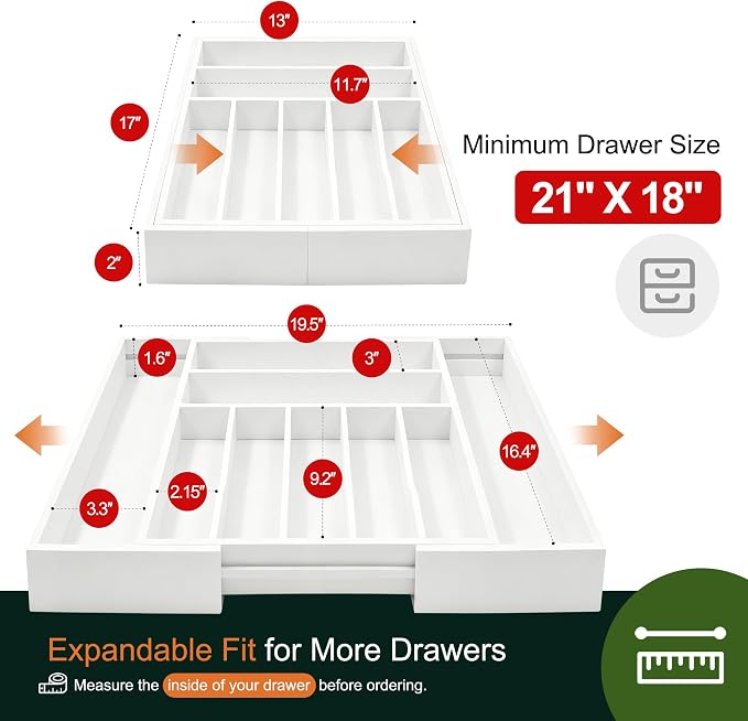 Large Premium Bamboo Silverware Organizer - Expandable Drawer Organizer & Utensil Organizer - 17"x19.7" Cutlery Tray with Dividers for Kitchen Utensils and Flatware (7-9 Slots) (White)
