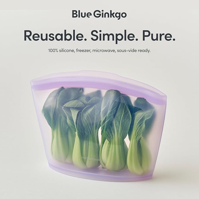 Blue Ginkgo Reusable Silicone Storage Bags – 3-Pack | Korean-Made Stand Up Food, Freezer Bags - Lavender
