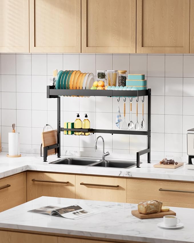 Sakugi 2-Tier Dish Drying Rack Over The Sink, Expandable for Counter | Rustproof Stainless Steel Kitchen Storage Accessories, Space-Saving 30"–34.5"Lx12"Wx25"H, Black