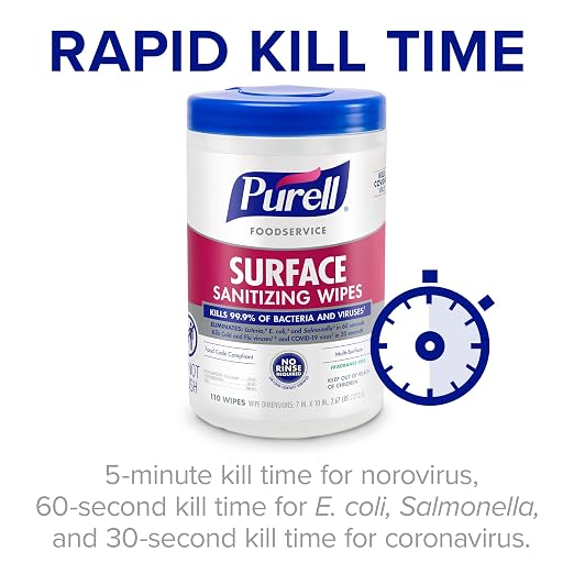 PURELL Foodservice Surface Sanitizing Wipes, Fragrance Free, 110 Count Canister, 7"x 10" Wipes (Pack of 6) - 9341-06