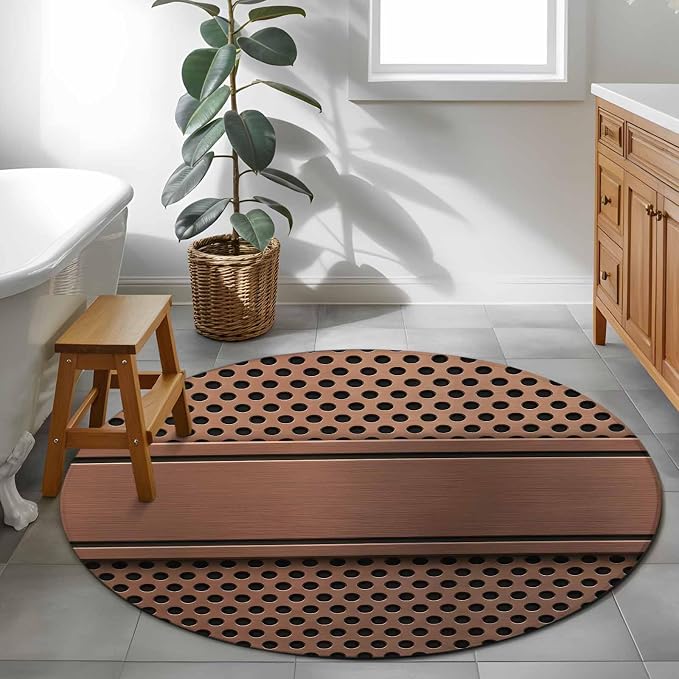 4 Ft Round Rug for Home Office, Brown Metal Hole Indoor Accent Rugs for Living Room, Copper Net Eye Hole Pattern Decorative Circle Carpet Washable Low Pile Non Slip, Soft Rug for Bedroom