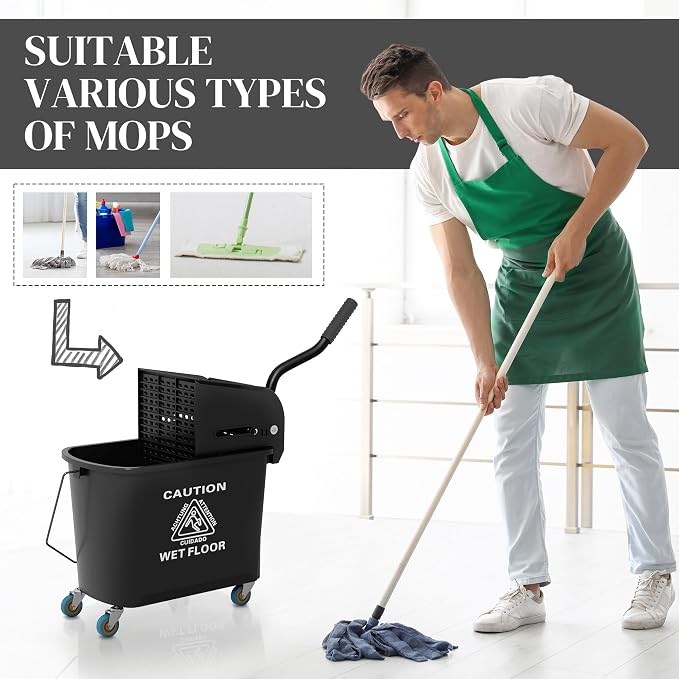 HOMCOM Commercial Mop Bucket Side Press Wringer Wheels 21 Quart Black | for Floor Cleaning, Separate Dirty and Clean Water, for Home Apartment Small Business and Office
