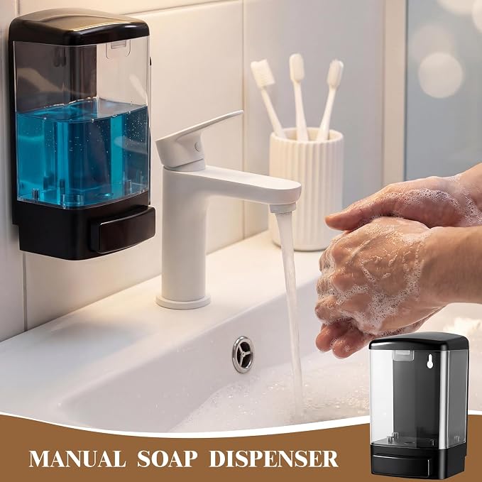 Hushee 6 Pcs Plastic Wall Mounted Soap Dispenser Commercial Manual Soap Containers Wall Dispenser for Kitchen Shower Hotel Liquid Shampoo Gel Chamber (33.8 oz 1000 ml,Black and Clear)