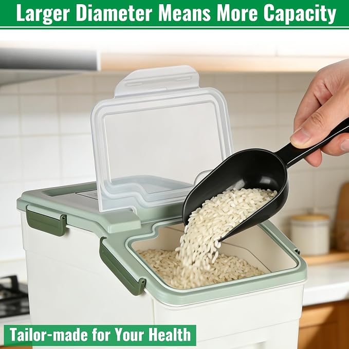 Rice Container 25 lbs Large Bulk Flour Sugar Storage Holdhouse Plastic Grain Cereal Dry Goods Bin with Spoon and Measuring Cup for Kitchen Pantry Organization - Green