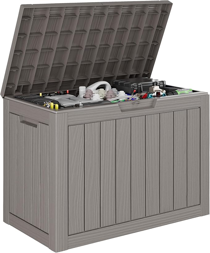50 Gallon Outdoor Storage Box, All-Weather Resin Deck Box Outdoor Waterproof with Lockable Lid for Patio Cushions, Package Deliveries, Garden Tools, Pool Supplies, Grey