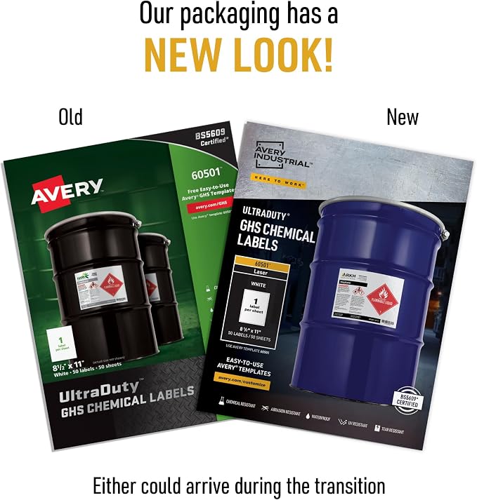 Avery UltraDuty GHS Chemical Labels for Laser Printers, Waterproof, UV Resistant, 8.5 x 11, 50 Pack (60501)