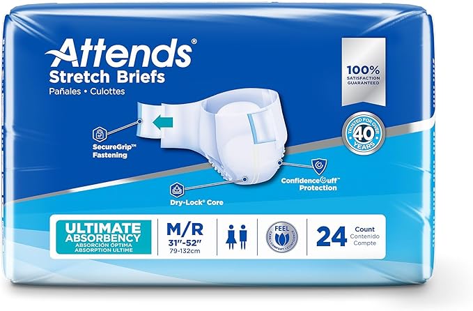 Attends Stretch Adult Incontinence Disposable Briefs, Medium/Regular 31"-52" Waist with SecureGrip Tab Closure, Ultimate Absorbency with Dry-Lock Containment Core and Breathable Side Panels, 96ct Case