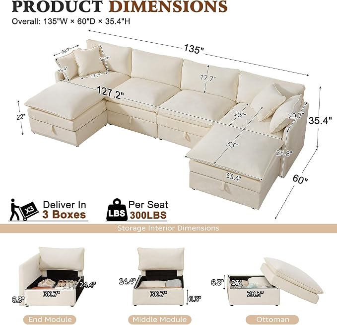 Ihanherry 135” Modular Sectional Sofa with Storage, U Shaped Cloud Couch with Movable Ottomans & 4 Pillows, Chenille Deep Seat Sectional Couches for Living Room, Apartment (Beige)