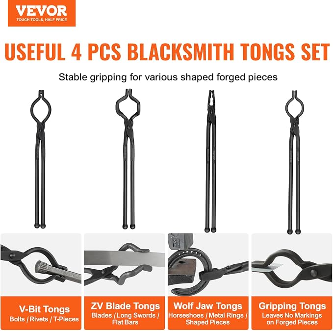 VEVOR Blacksmith Tongs, 4 PCS: V-Bit Bolt, Wolf Jaw, Z V-Bit & Gripping - A3 Carbon Steel, 18' for Blacksmiths & Bladesmiths