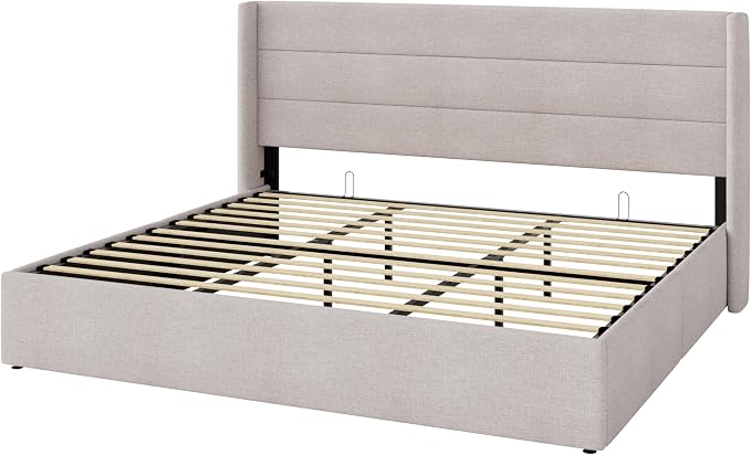 Allewie King Size Lift Up Hydraulic Storage Bed Frame Light Beige | Modern Wingback Headboard, Hydraulic Support Storage, No Box Spring Needed