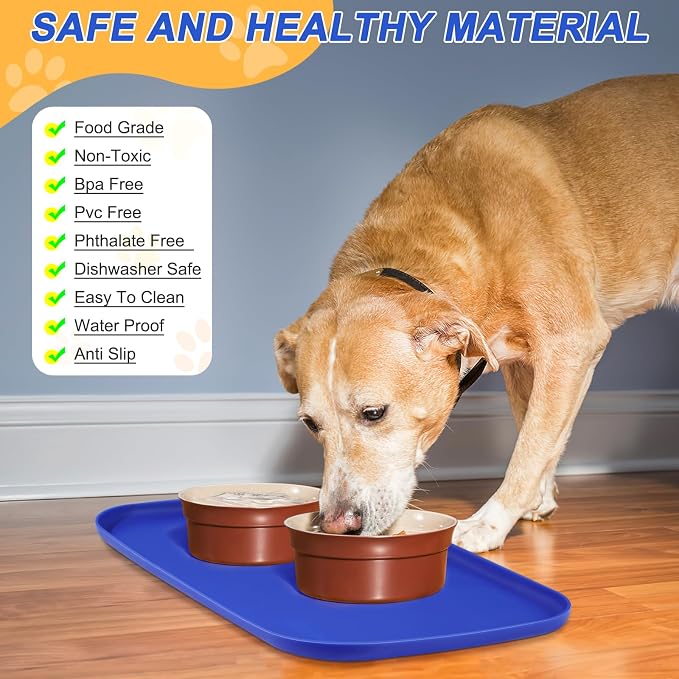 SMILOOL Waterproof Silicone Pet Food Mat with Raised Edge for Dog & Cat | 19" x 12" Non-Slip Pet Feeding Mats with Lip for Food & Water Bowl, Food Grade, Easy Cleaning, Navy Blue
