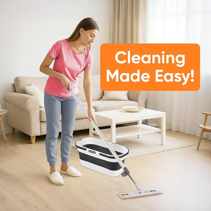 Superio Fold N' Go 10L Collapsible Mop Bucket with Wheels, Self-Wringing Microfiber Flat Mop & 8"x4.5" Reusable Pad - Portable, Hands-Free Cleaning Set for Home & Outdoor Use