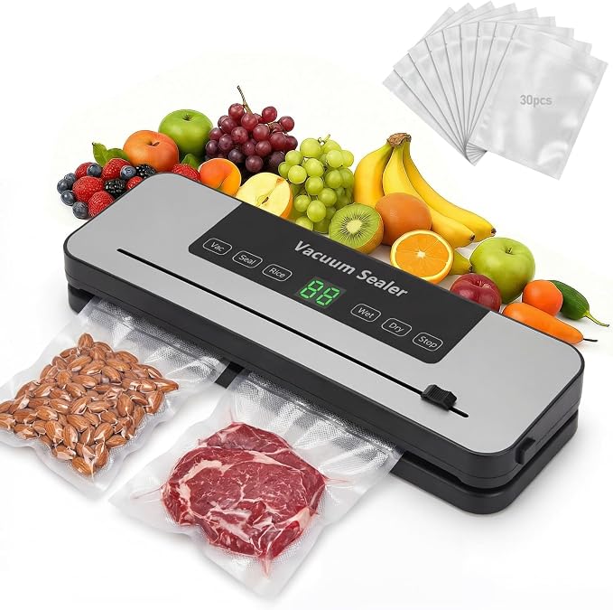 Food Sealer Vacuum Sealer Machine with 30 Bags, Built-In Cutter, 6-in-1 | Automatic, Compact Wet & Dry Food Saver Vacuum Sealers for Meat, Seal a Meal, Freezer Food Storage