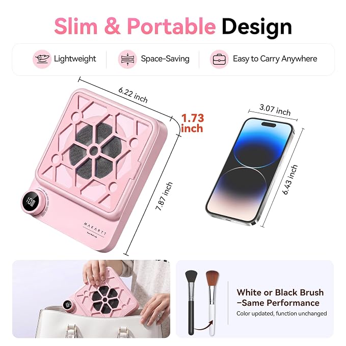 Makartt Compact Rechargeable Nail Dust Collector - 5500RPM Dust Collector Nail Tech ERYNOS Adjustable Speed,Quiet for Polishing Cuticle Manicure Salon&Home Use With 10pcs Filters&Dust Brush White