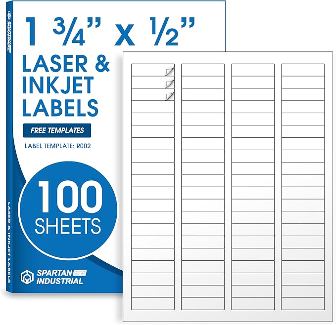 1.75" X 0.5" Matte White Return Address Labels (100 Sheets, 8000 Stickers) Mailing Labels for Envelopes, File Folder Stickers for Laser & Inkjet Printers - Spartan Industrial Template R002