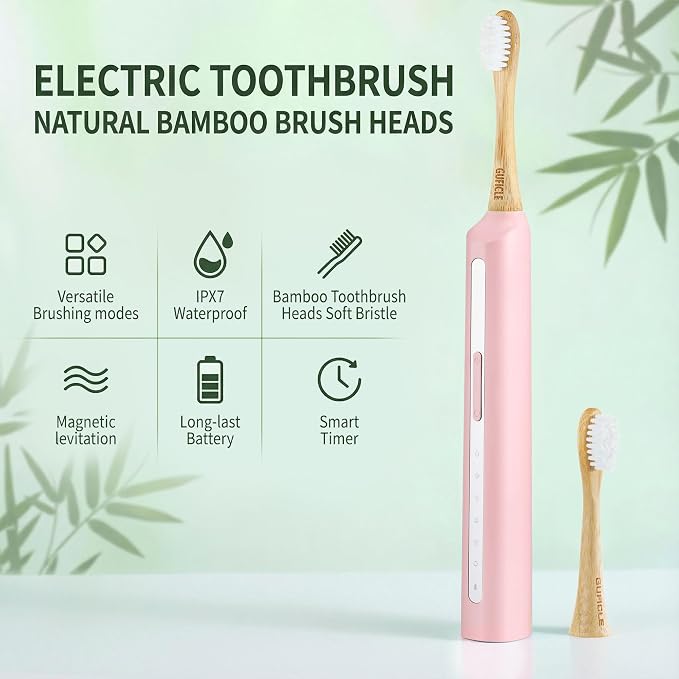 Sonic Electric Toothbrush with Bamboo Heads, Pink | Bamboo Electric Toothbrush, Soft Castor Oil Bristles, Smart Timer, 40000 VPM, 5 Modes, IPX7 Waterproof, 45-Day Battery Life